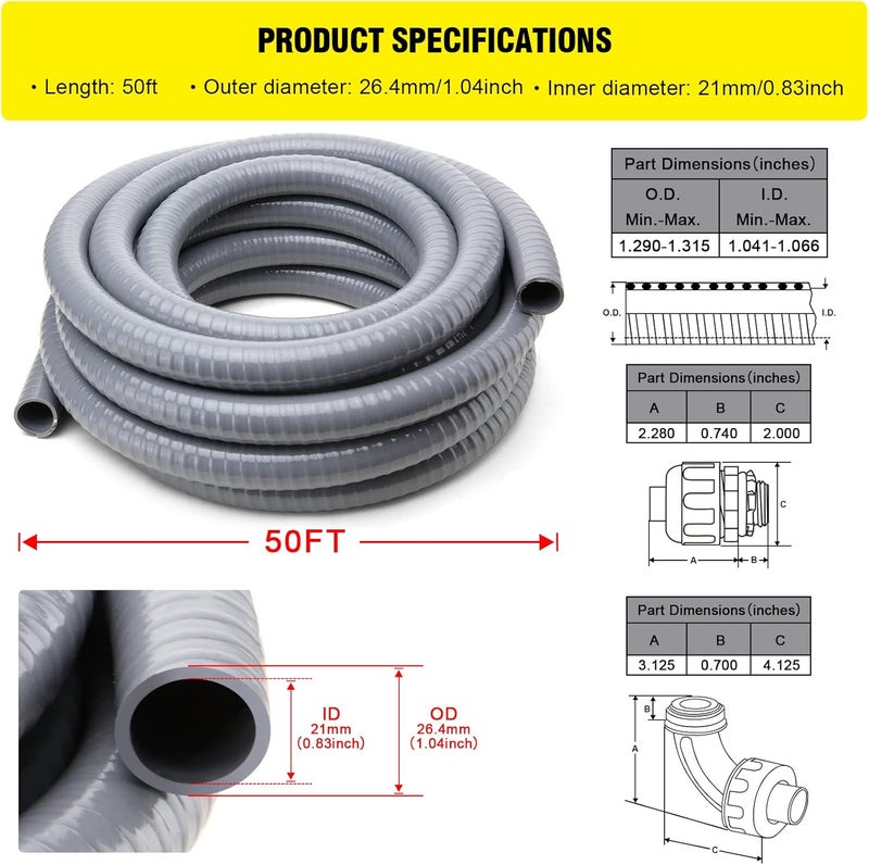 DWALE Liquid-Tight Conduit and Connector Kit,Flexible Non Metallic Liquid Tight Electrical Conduit,3/4inch 50ft Electrical Conduit Kit,with 8 Straight and 8 Angle Fittings Included,3/4 in. Dia - Image 2
